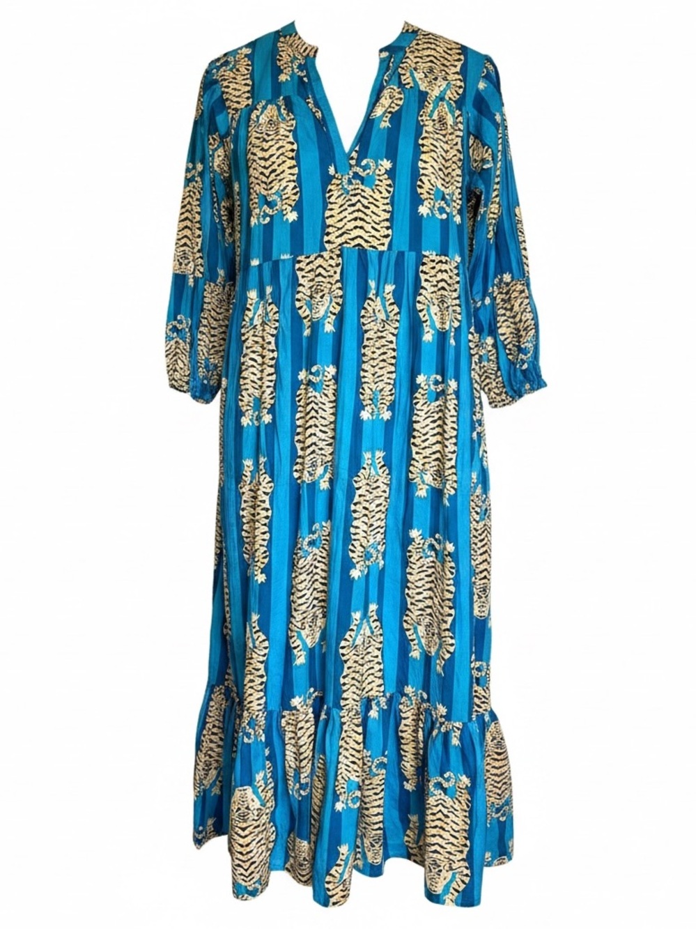 Fox & Hen Maxi Dress Sz L Tiered Eye Of The Tiger Jungle Safari Teal Statement